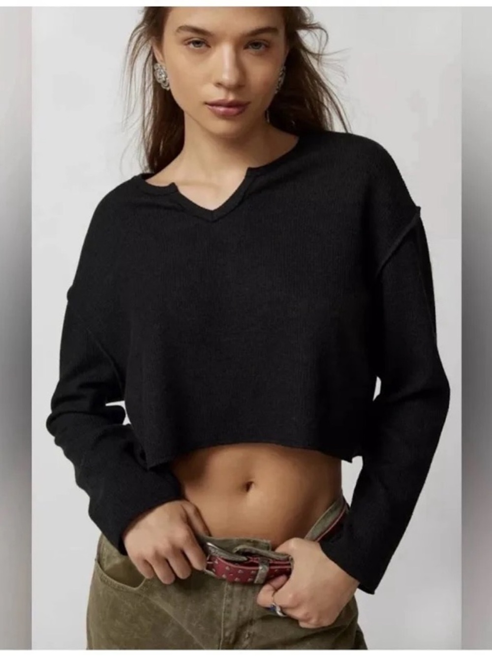 Urban Outfitters Parker Notch Neck Ribbed Long Sleeve Top